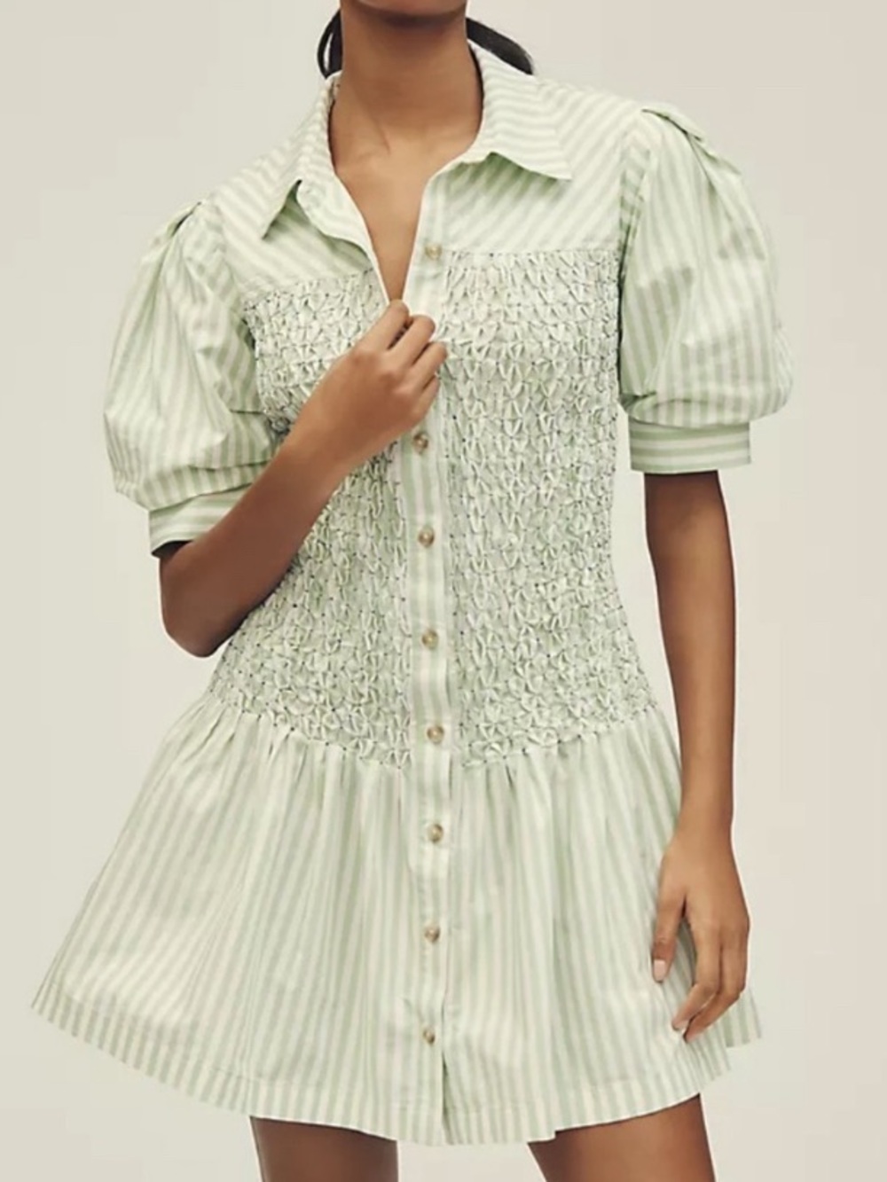 Anthropologie Light Sage Striped Smock Button-Front Mini Dress